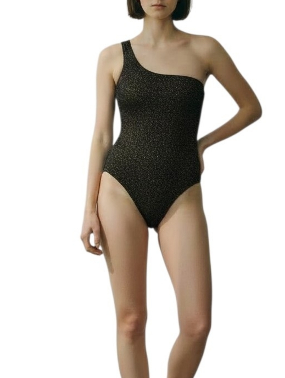 Good American One Piece One Shoulder Swimsuit Black &  Metallic Gold Size: 1/2